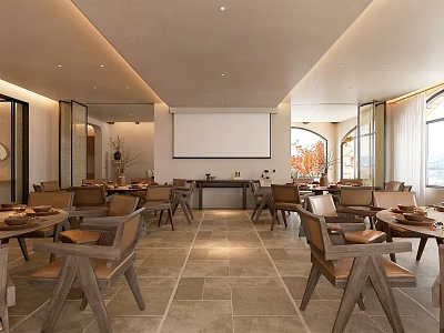 Modern Restaurant Interior With Wooden Tables Chairs Large Windows And Natural Light 3d model