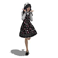 Woman Wearing Floral Dress With White Hat Lifting One Leg Gesturing Hand On Black Background