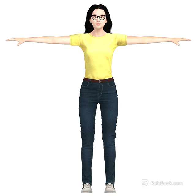 Full Body of Woman in Yellow T-shirt Blue Jeans with Arms Outstretched 3d model