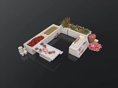 Garden Stone Planters With Red Fruits Green Plants Flower Bed And Pink Petals 3d model