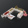 Garden Stone Planters With Red Fruits Green Plants Flower Bed And Pink Petals