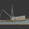 Wooden Boat With Blue Hull Rusted Edges Green Deck Cabin And White Masts