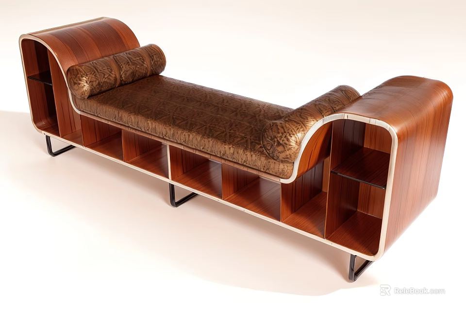 Stylish Chaise Lounge with Wooden Frame Brown Upholstery and Storage Compartments 3d model 