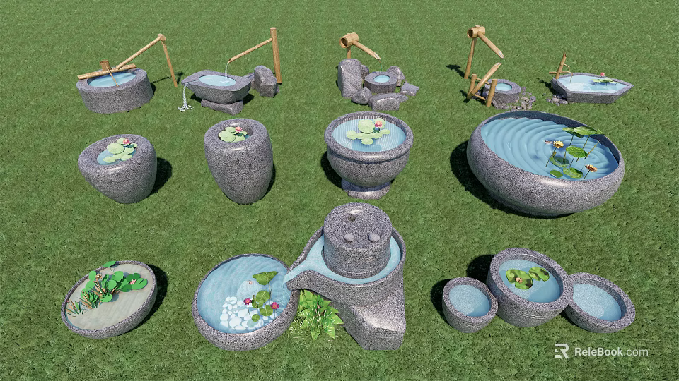 Decorative Stone Garden Ornaments With Water Basins Lotus Leaves And Green Grass 3d model 