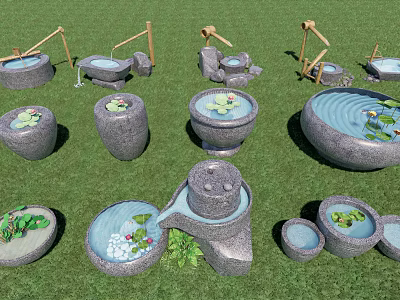 Decorative Stone Garden Ornaments With Water Basins Lotus Leaves And Green Grass 3d model