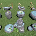 Decorative Stone Garden Ornaments With Water Basins Lotus Leaves And Green Grass