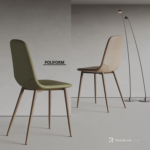 Poliform Modern Dining Chairs Green And Beige Leather Seats With Wooden Legs In Minimalist Setting 3d model 