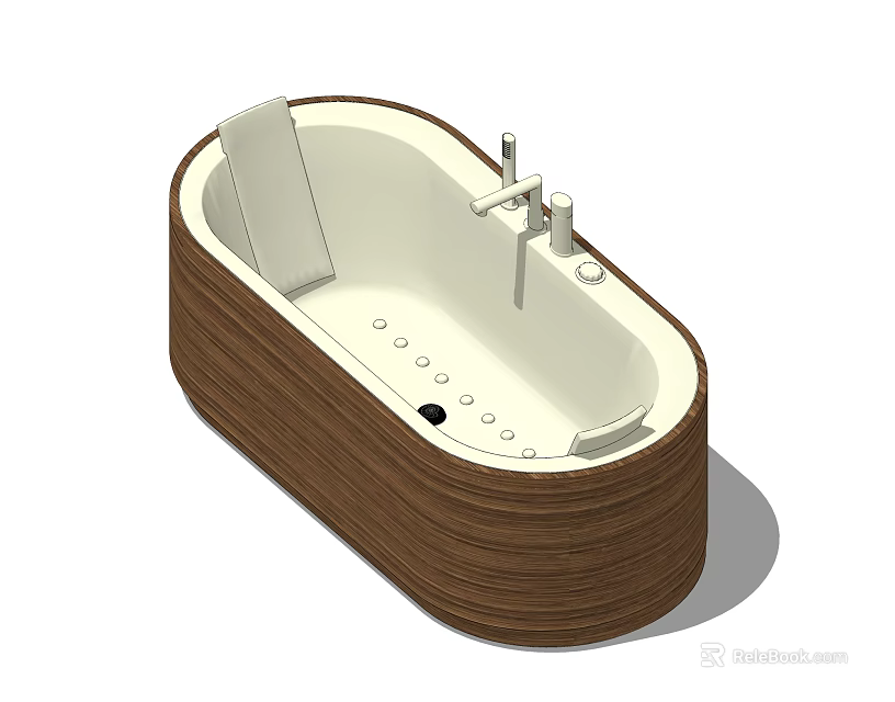 Wooden Frame White Interior Bathtub With Faucet Backrest And Massage Jets 3d model 