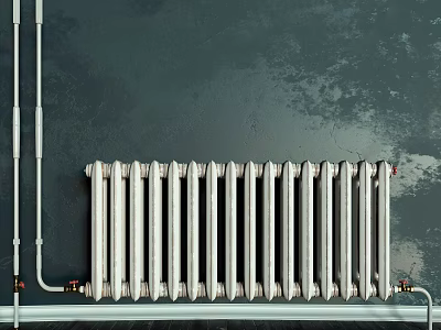 Wall Mounted Silver Metal Radiator With Connecting Pipes For Home Heating Interior 3d model