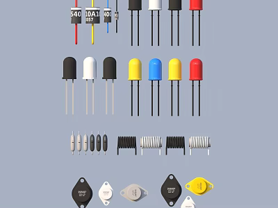 Different Types Of Electronic Components With Various Colors And Shapes 3d model