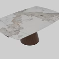 Modern Dining Table With White Marble Surface And Wooden Conical Base