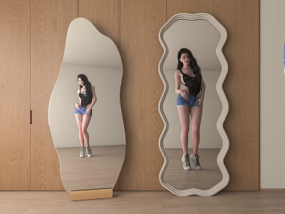 Two Irregular Shape Standing Mirrors with Artistic Design Against Wooden Wall 3d model