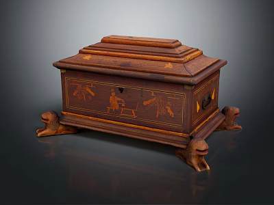 Antique Wooden Storage Chest With Carved Decorations And Claw Feet Design 3d model