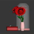 Red Roses In Glass Cloche With Pink Vase And Red Gift Box
