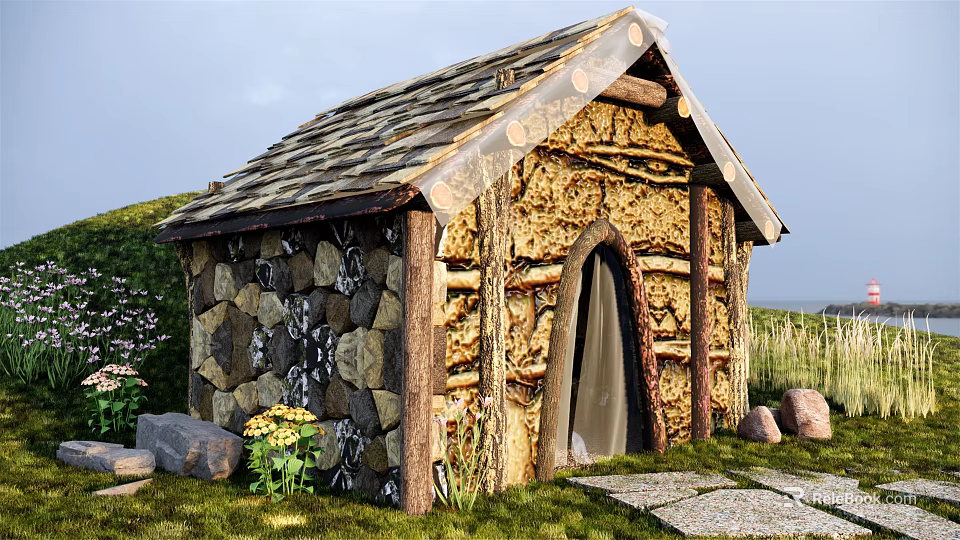 Rustic Outdoor Cottage With Stone Wood Walls Tile Roof Arched Door Grass And Yellow Flowers 3d model 