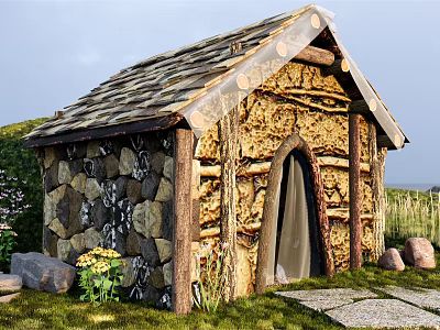 Rustic Outdoor Cottage With Stone Wood Walls Tile Roof Arched Door Grass And Yellow Flowers 3d model