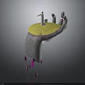 Gray Hand Supporting Yellow Circular Base With White Lighthouse Bird And Falling Pink Fragments
