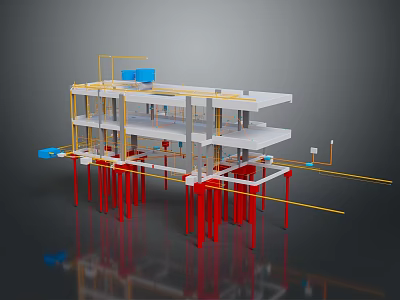 3D Architectural Building Model With Multi Level Framework Red Pillars And Yellow Beams 3d model