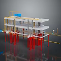 3D Architectural Building Model With Multi Level Framework Red Pillars And Yellow Beams