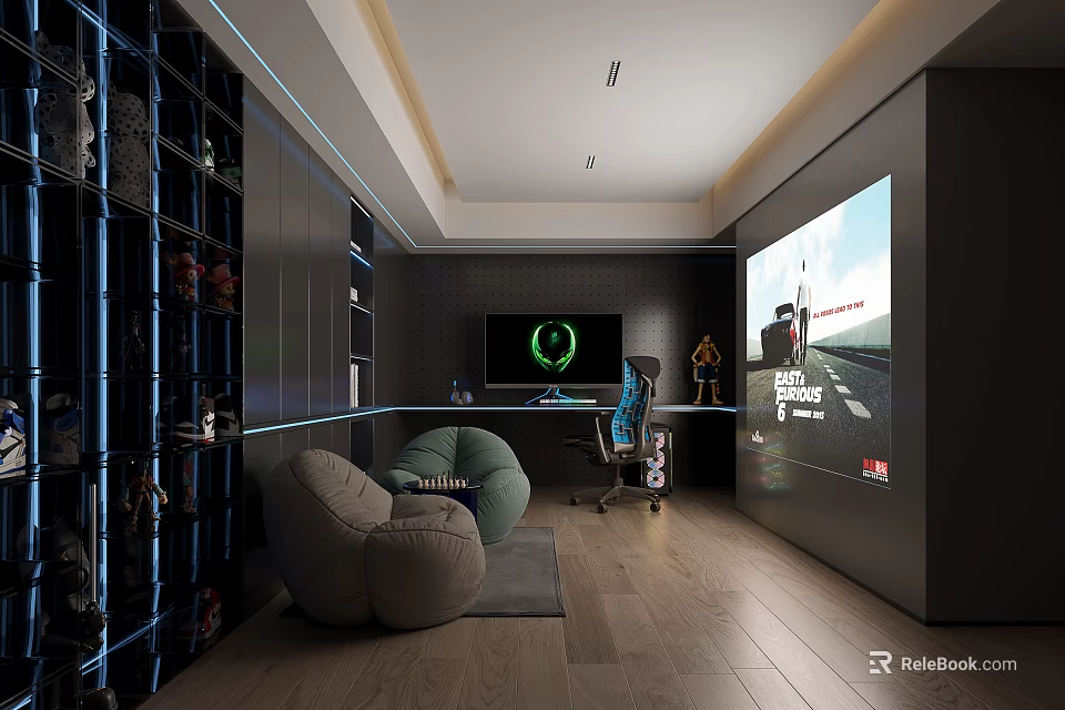 Modern Entertainment Room With Bean Bag Chairs Large TV And Projector 3d model 