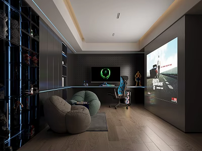Modern Entertainment Room With Bean Bag Chairs Large TV And Projector 3d model