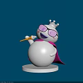White Cartoon Character On White Base With Crown Purple Glasses Pink Cape And Golden Trumpet