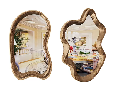 Golden Irregular Shaped Decorative Mirrors Reflecting Indoor Plant And Dining Scene 3d model
