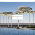 Modern Pergolas with Circular Roofs Yellow Lighting White Pillars by Water and Green Plants
