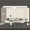 Modern Living Room Sofa Coffee Table Combination Sofa Stool Lazy Sofa Hanging Painting Chandelier Green Planting Side Table 3d model