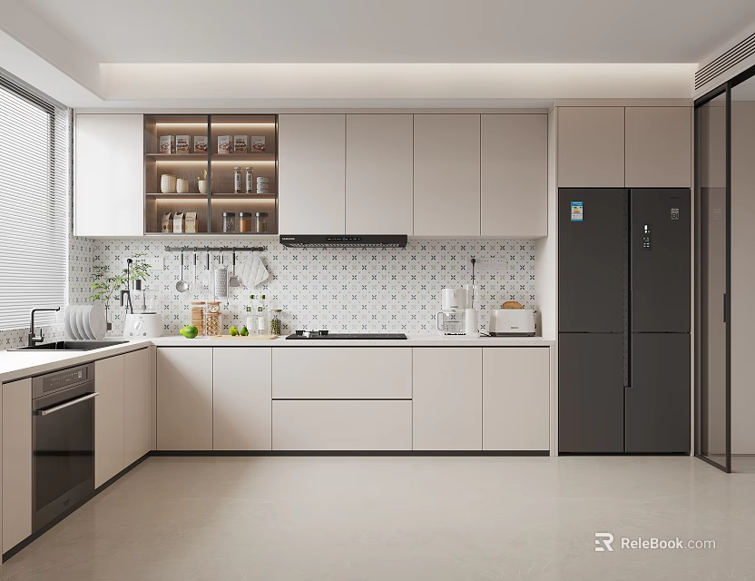 Modern Kitchen Interior Design With White Cabinets Black Refrigerator And Tile Backsplash 3d model