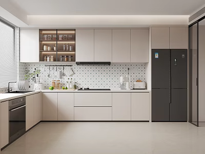 Modern Kitchen Interior Design With White Cabinets Black Refrigerator And Tile Backsplash 3d model