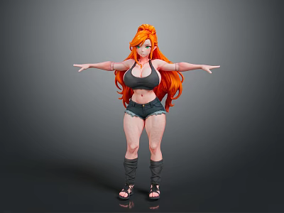 Woman With Long Orange Hair In Black Sports Bra Denim Shorts Standing Arms Outstretched 3d model