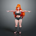 Woman With Long Orange Hair In Black Sports Bra Denim Shorts Standing Arms Outstretched