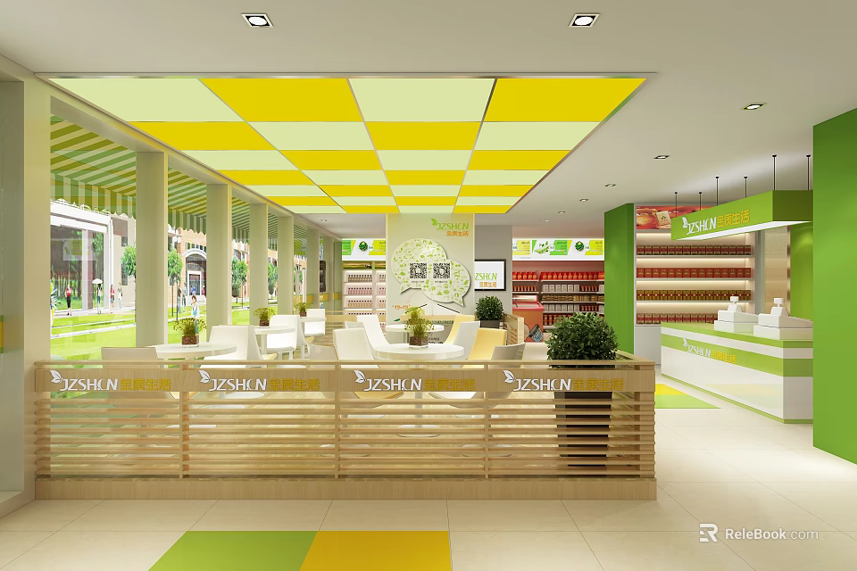 Bright Department Store Interior With Yellow White Ceiling Shelves And Wooden Counter 3d model 