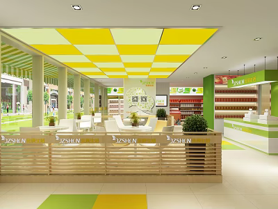 Bright Department Store Interior With Yellow White Ceiling Shelves And Wooden Counter 3d model