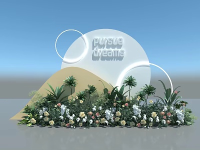 Floral Installation with Pursue Dreams Lettering Round Decor Green Plants Colorful Flowers on Dune Base 3d model