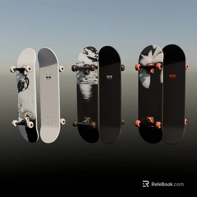 Skateboards As Fitness Sport Equipment With Various Designs And Colorful Wheels 3d model 