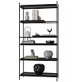 Modern Black Metal Multi Tiered Shelf With Decorative Vases Books And Candle Holder