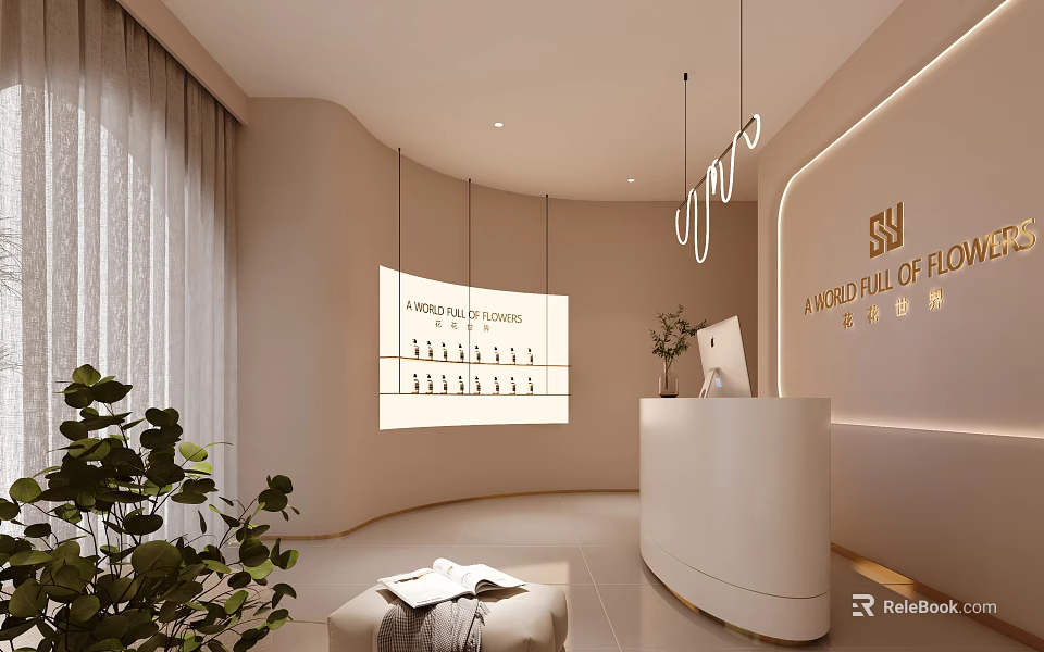 Elegant Modern Beauty Hair Salon Interior With Curved Reception Desk Lighting Display And Green Plants 3d model 