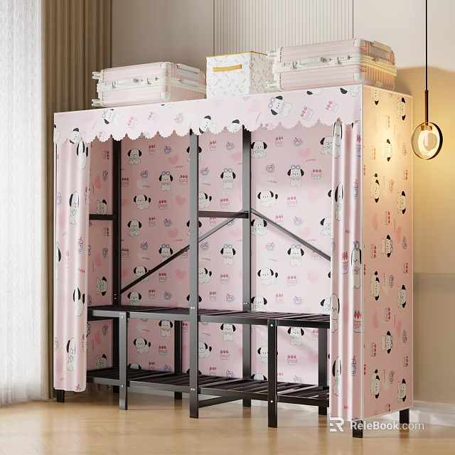 Pink Girls' Wardrobe with Cartoon Panda Pattern Curtain Top Storage Boxes and Black Layered Shelves 3d model 