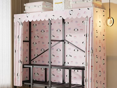 Pink Girls' Wardrobe with Cartoon Panda Pattern Curtain Top Storage Boxes and Black Layered Shelves 3d model
