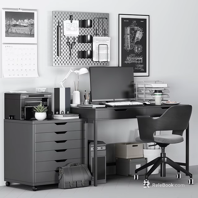 Modern Office Desk Featuring Computer Monitor Printer Desk Lamp Calendar And Decorative Posters 3d model 