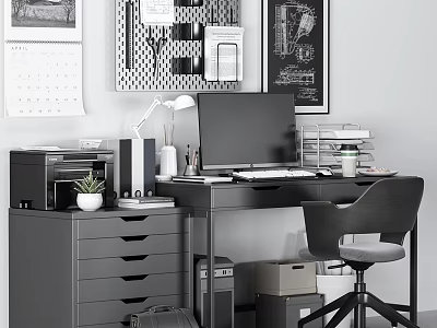 Modern Office Desk Featuring Computer Monitor Printer Desk Lamp Calendar And Decorative Posters 3d model
