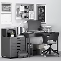 Modern Office Desk Featuring Computer Monitor Printer Desk Lamp Calendar And Decorative Posters
