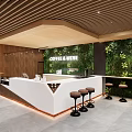Modern Cafe Interior Design With Wooden Ceiling Pendant Lights Tables Chairs And Green Plants
