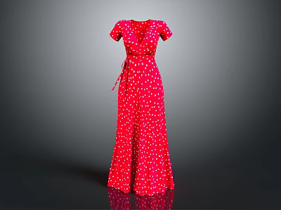 Red Polka Dot Maxi Dress with V Neck Short Sleeves and Waist Belt 3d model