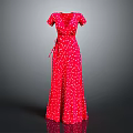 Red Polka Dot Maxi Dress with V Neck Short Sleeves and Waist Belt
