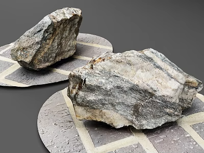 Natural Rockery Stones Placed On Circular Grid Pattern Bases With Gray Background 3d model