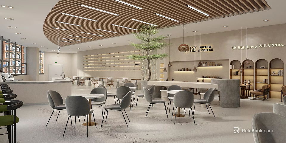 Modern Cafe Interior With Wooden Slat Ceiling Central Tree Tables Chairs And Background Shelves 3d model 