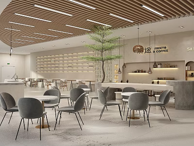 Modern Cafe Interior With Wooden Slat Ceiling Central Tree Tables Chairs And Background Shelves 3d model